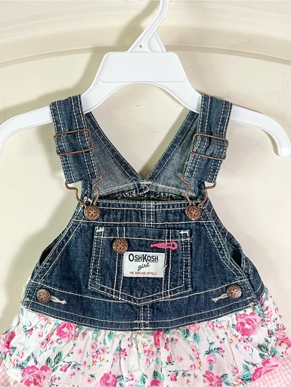 Vintage OshKosh B'gosh Baby Girl Denim Overall Jumper Dress 9M Lace Tiered